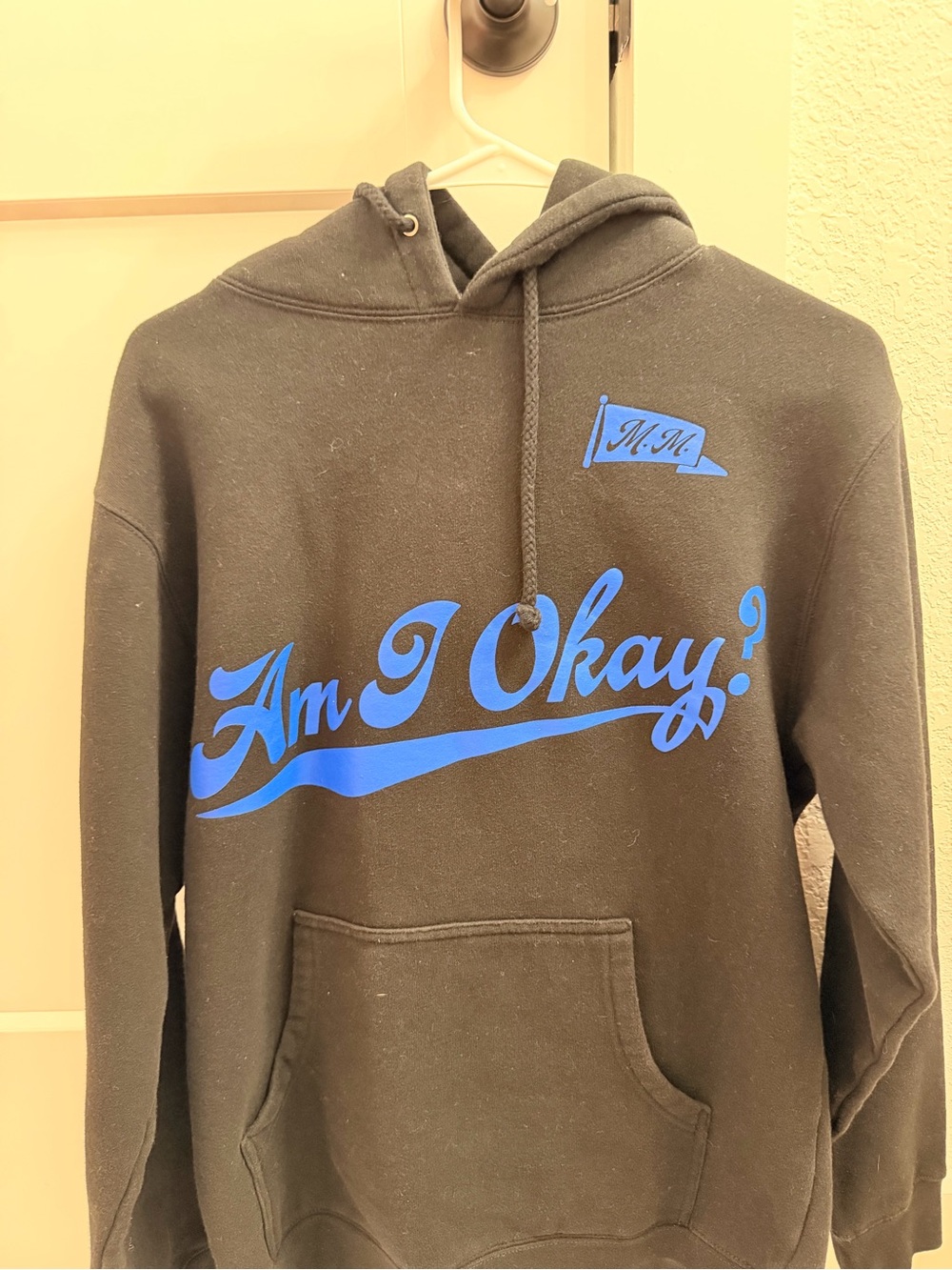Am I Okay? Blue Script Hoodie - Womens Black Pullover